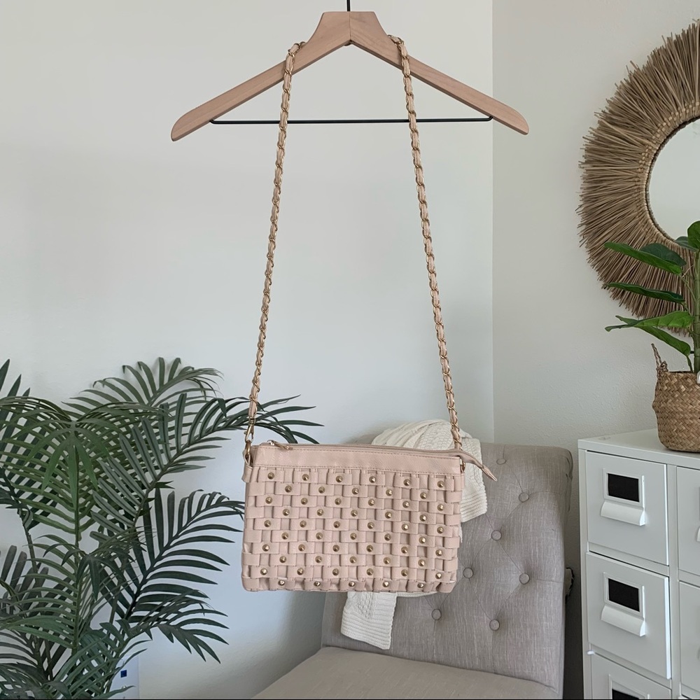 🪴$5/25🪴 Woven Faux Leather Studded Zip Top Crossbody Purse Bag Blush Pink & Gold